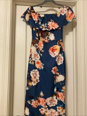 Floral Off-Shoulder Midi Dress in Navy